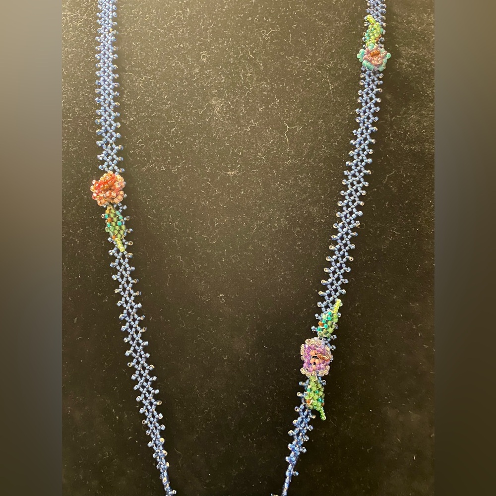 Vintage Blue Beaded Floral Amulet Medicine Totem Pouch Necklace. 38 inches - Picture 4 of 9
